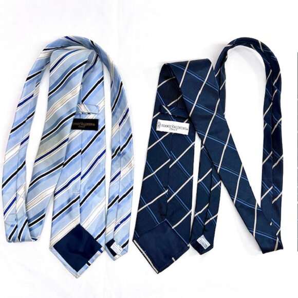 Set: 2 Valentino F Neckties Blue Striped +1 Valentino L Blue Handkerchief (60) - Picture 4 of 11